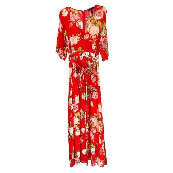 BcbgMaxazria Red Floral Maxi Dress Faux Wrap size large Flowers Tropical - Picture 5 of 13